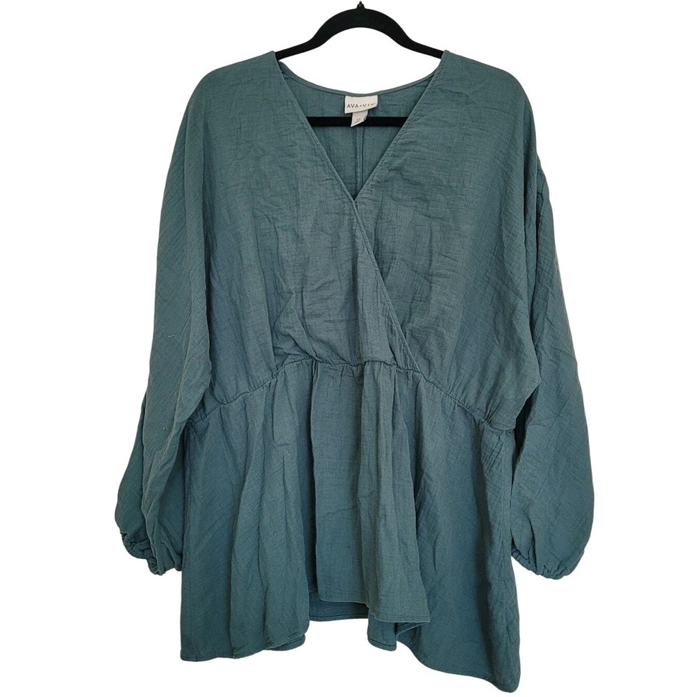 AVA & VIV Teal Cotton V-Neck Tunic Blouse 2X Plus Long Sleeve